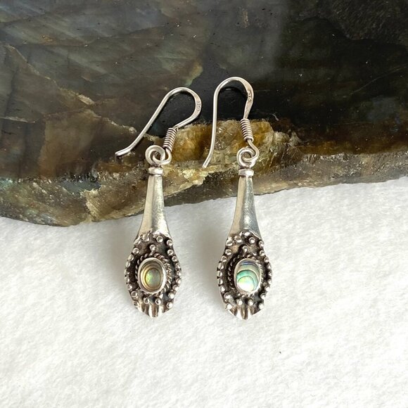 Sterling Silver 925 Dainty Abalone Elongated Dangle Drop Earrings - Picture 5 of 15